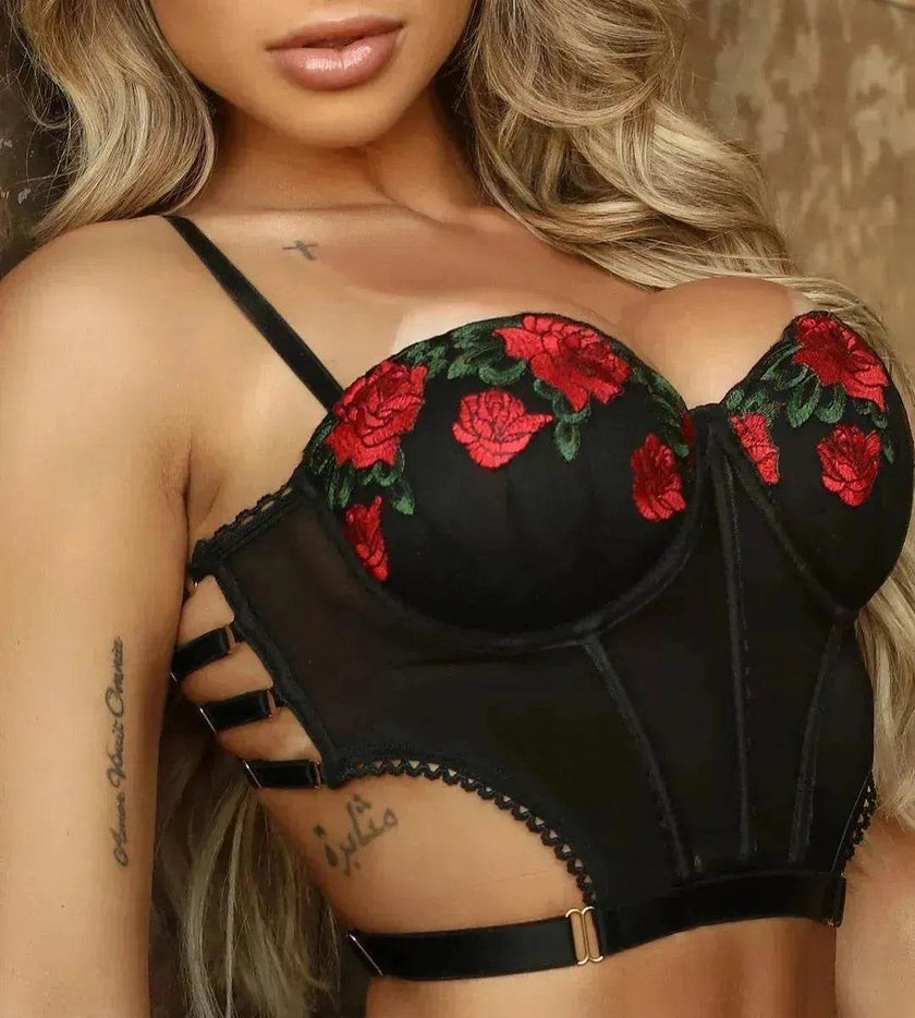 Embroidered rose lingerie suit