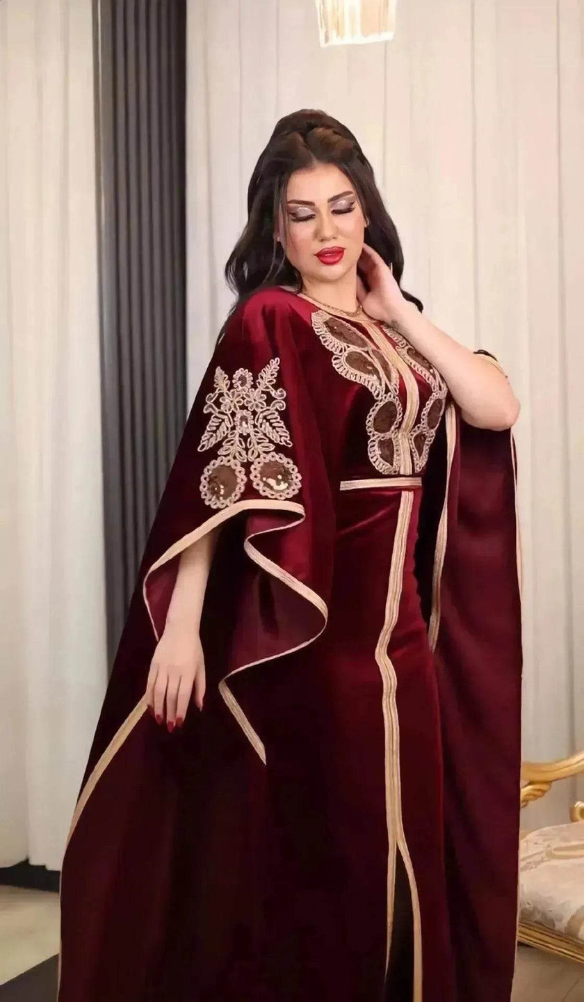 Embroidered Turkish Sequined Gold Velvet Dubai Middle East Women Dress