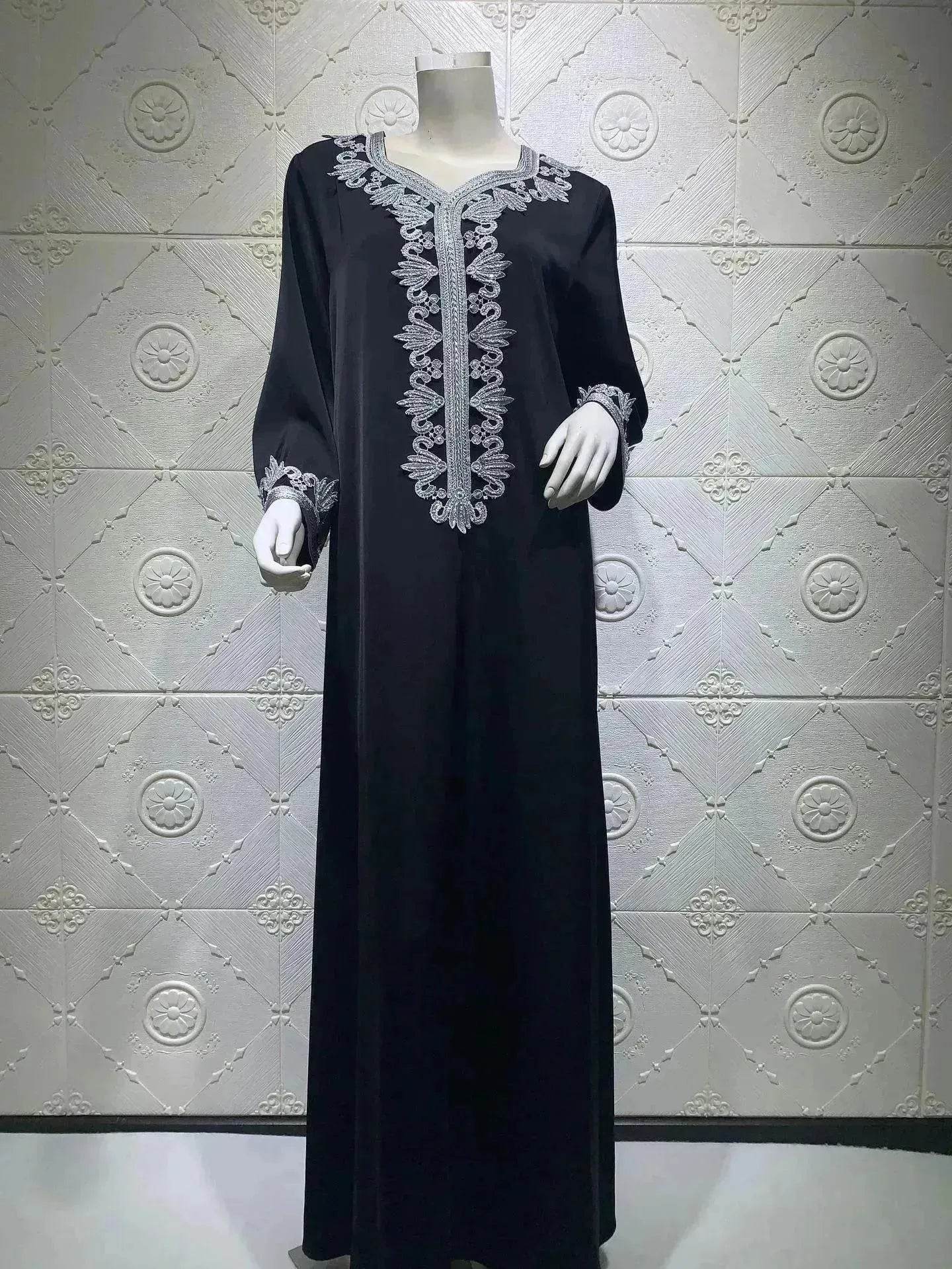 Embroidery  Bronzing Lace Jalabiya Abaya Dress for Arab Dubai Turkey Middle Eastern Women