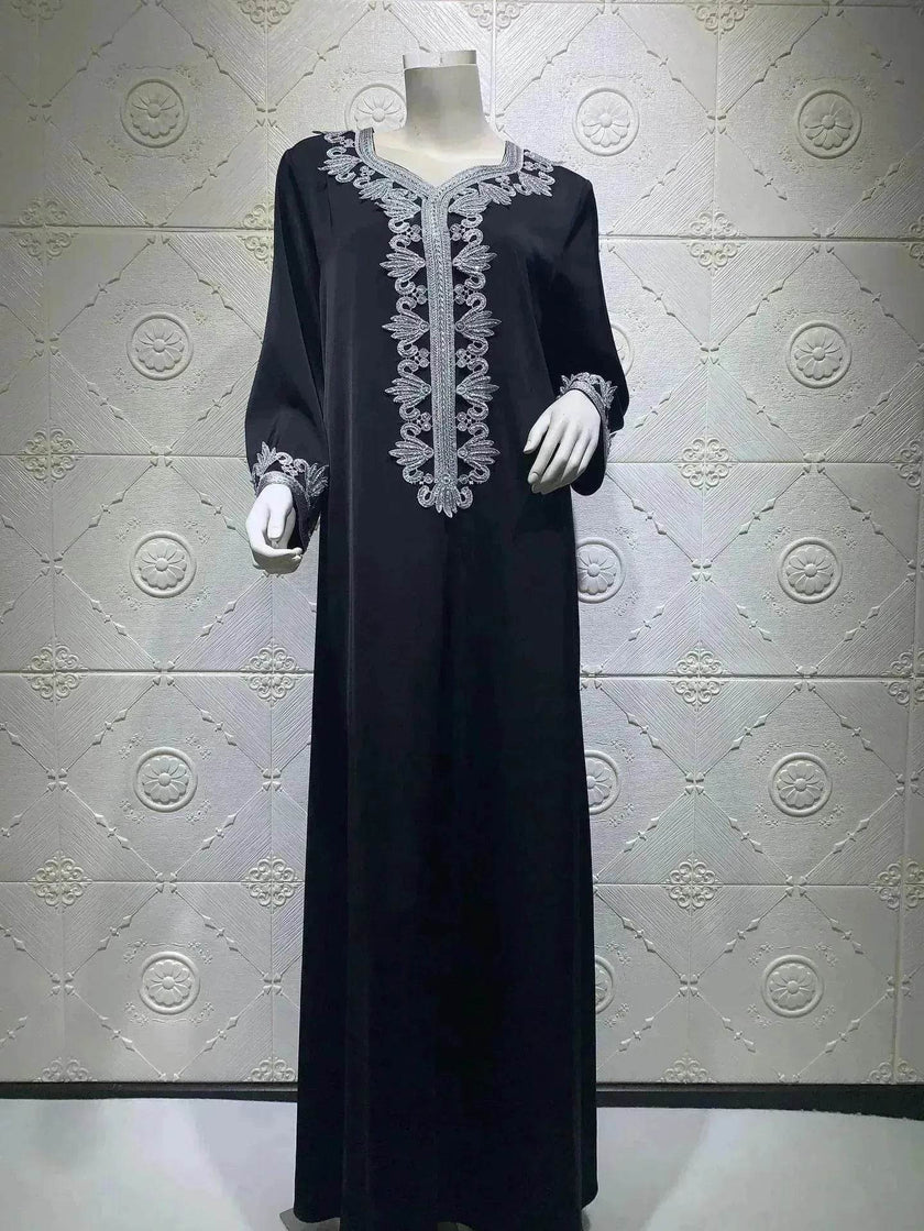 Embroidery  Bronzing Lace Jalabiya Abaya Dress for Arab Dubai Turkey Middle Eastern Women