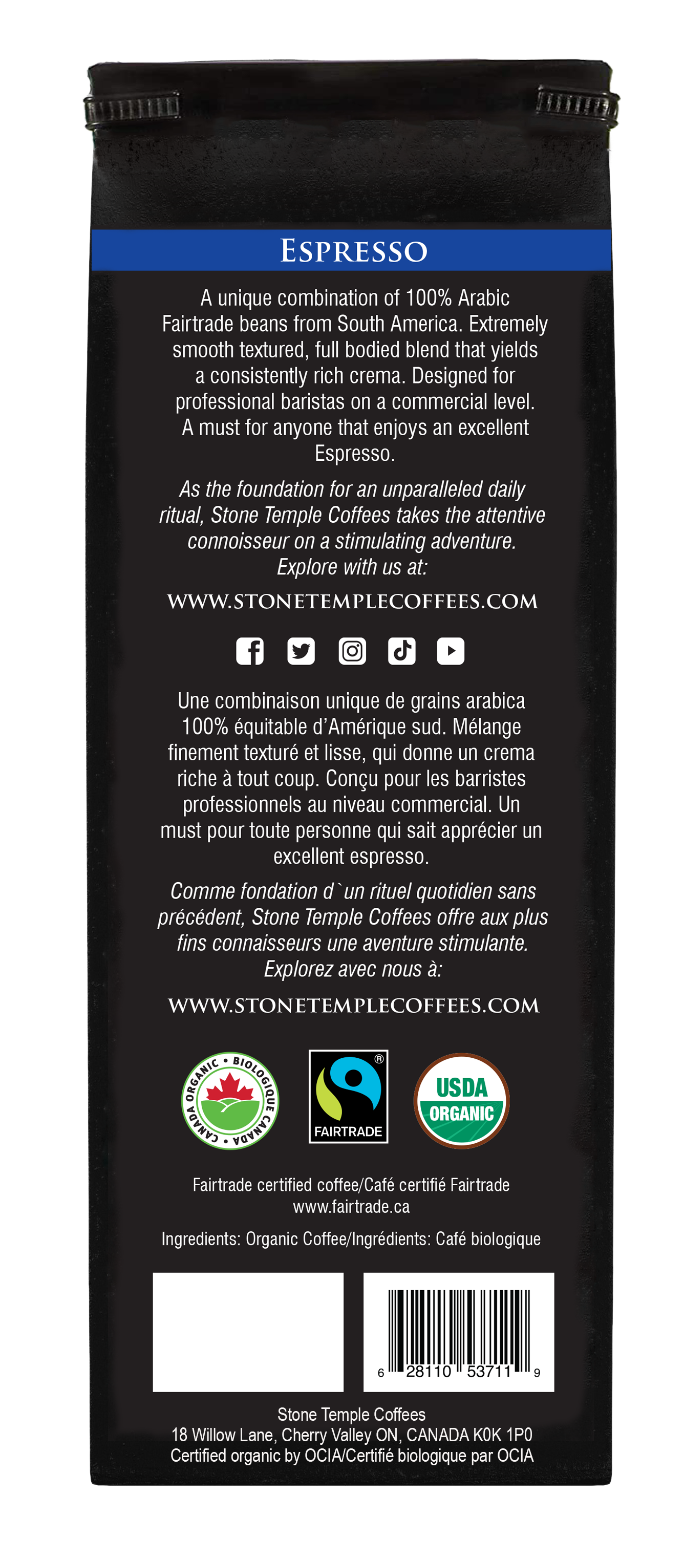 Espresso - Ground, Espresso Roast, Certified Organic OCIA/ Fairtrade Coffee 1lb/454g