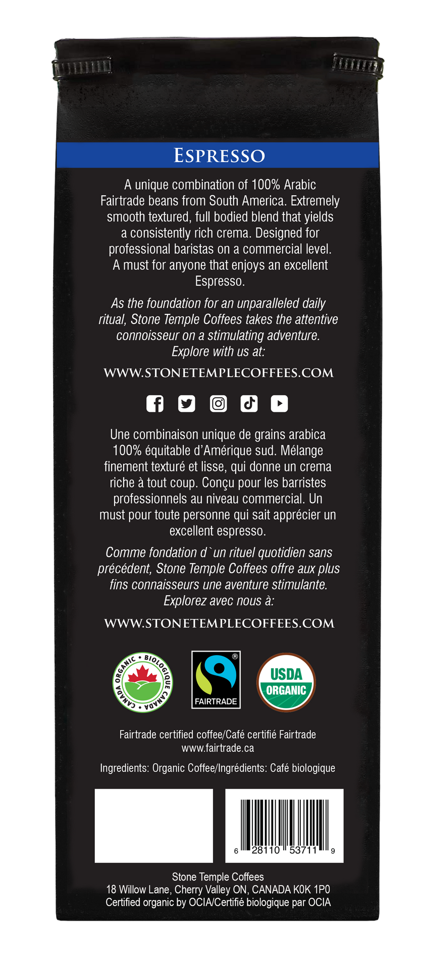 Espresso - Whole Bean, Espresso Roast, Certified Organic OCIA/ Fairtrade Coffee 1lb/454g