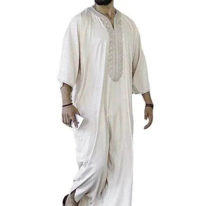 Fashionable and Elegant Ethnic Style Loose Casual Embroidery White Arab  Robe Moroccan Men's Jalabiya