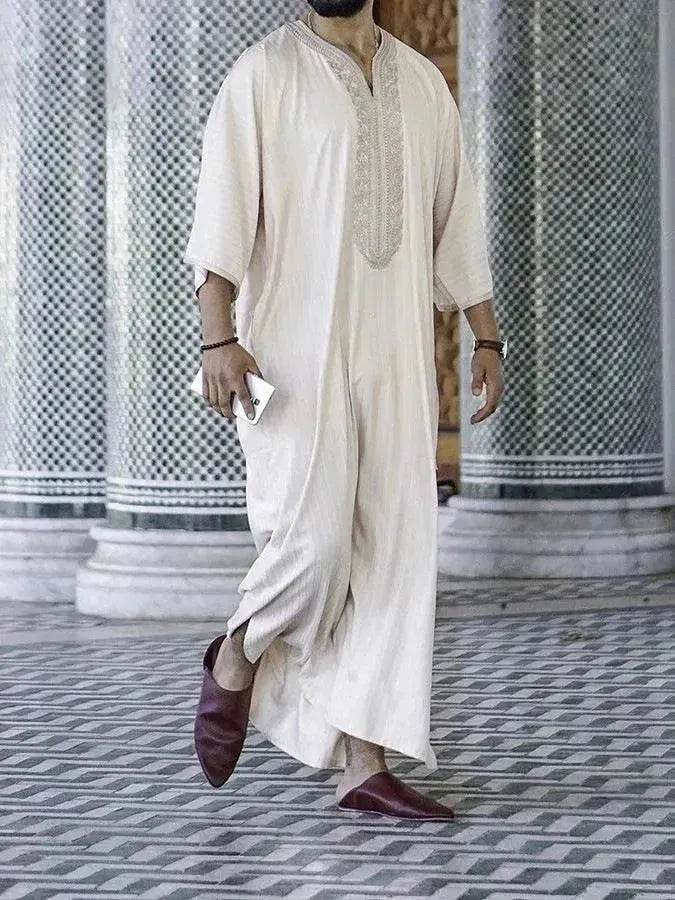 Fashionable and Elegant Ethnic Style Loose Casual Embroidery White Arab  Robe Moroccan Men's Jalabiya