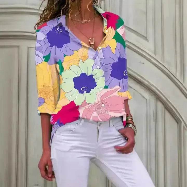 European And American Digital Printed Flowers Lapel Single Breasted Long-sleeved Shirt