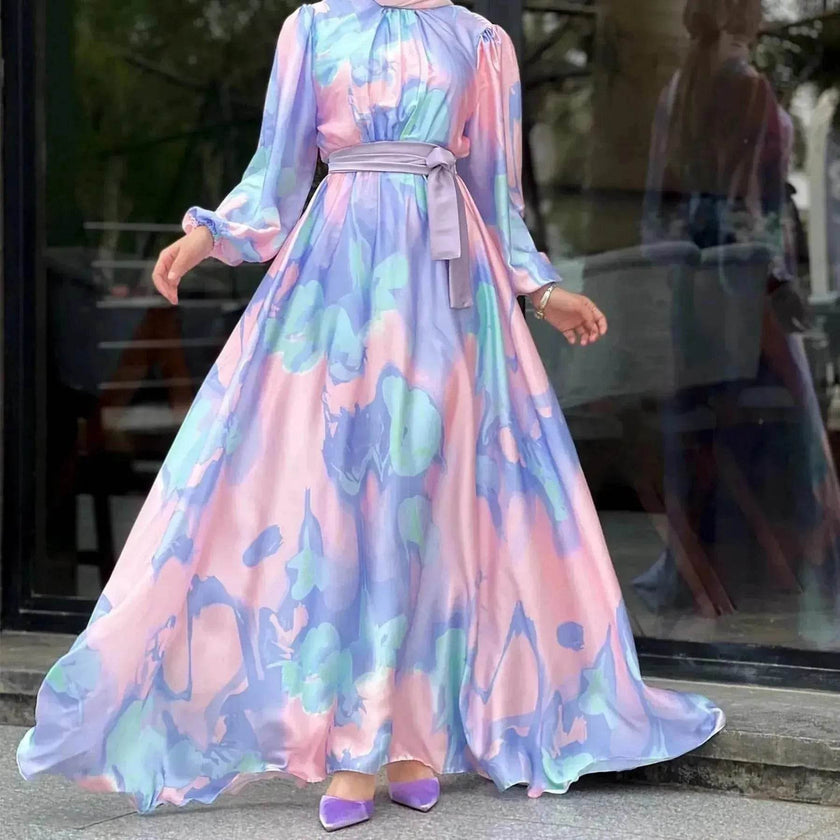 European And American  Dubai Middle East Pure Beautiful Printed Dress, Ankle-length Printed Maxi Dress Fashionable Abaya Dress