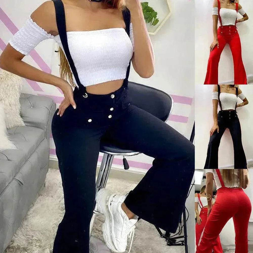 European And American High Waist Strap Casual Flared Jeans Pants