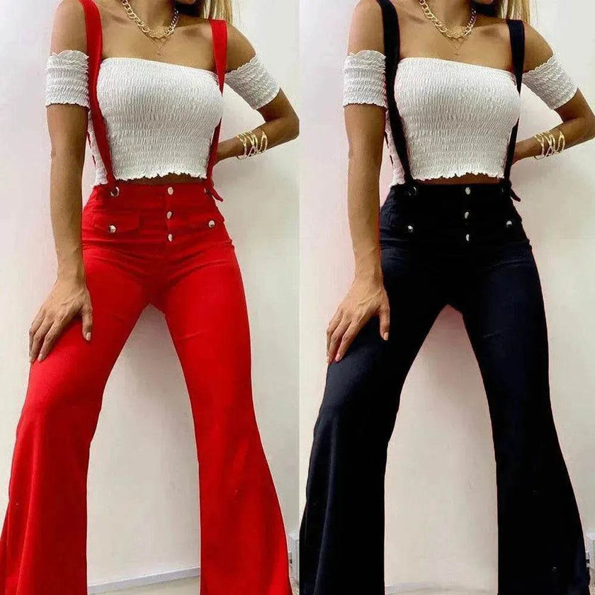 European And American High Waist Strap Casual Flared Jeans Pants
