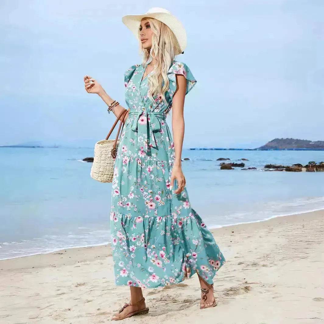 European And American Printed Waist Girdling Band V-neck Dress Bohemian Holiday Beach Dress