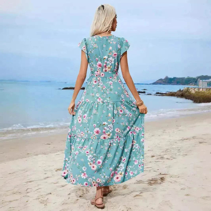 European And American Printed Waist Girdling Band V-neck Dress Bohemian Holiday Beach Dress