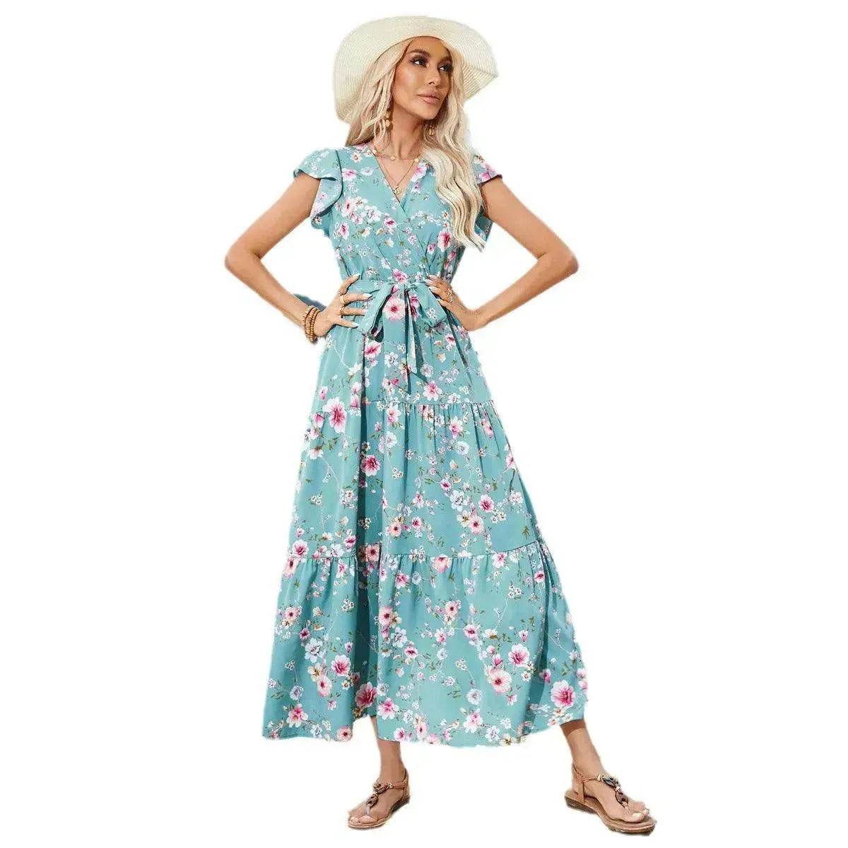 European And American Printed Waist Girdling Band V-neck Dress Bohemian Holiday Beach Dress