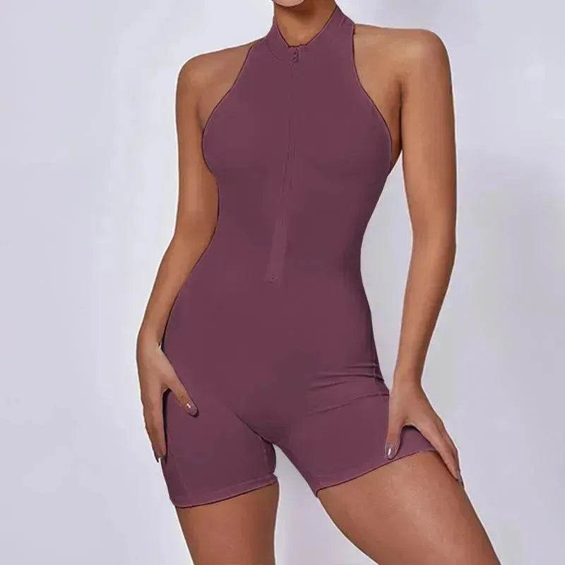 European And American Quick-drying Pleated No Embarrassment Line Tight Zipper Peach Hip Jumpsuit