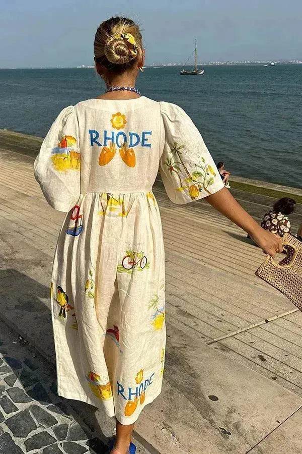 Women's Floral Puff Sleeve Midi Dress – Loose Vacation Dress