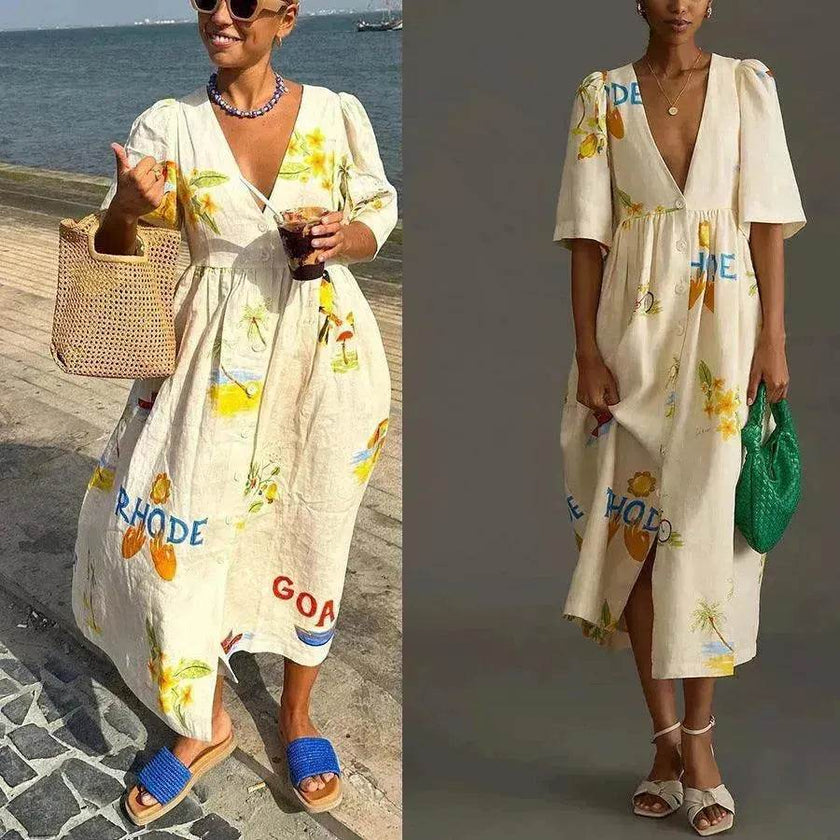 Women's Floral Puff Sleeve Midi Dress – Loose Vacation Dress