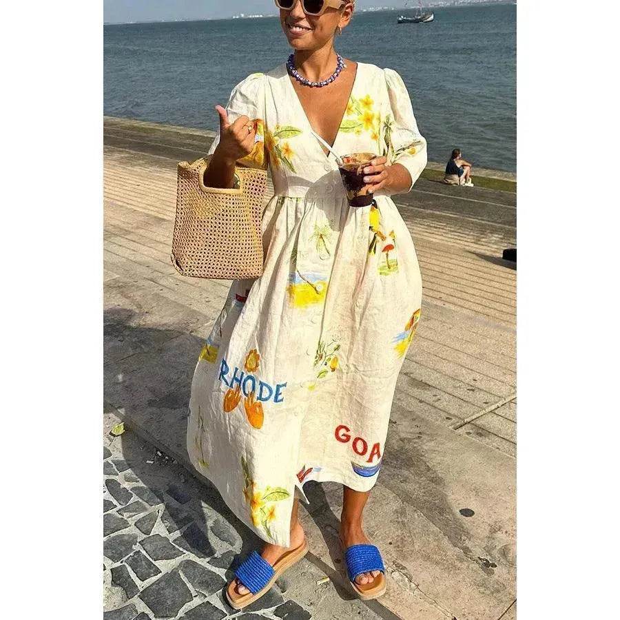 Women's Floral Puff Sleeve Midi Dress – Loose Vacation Dress