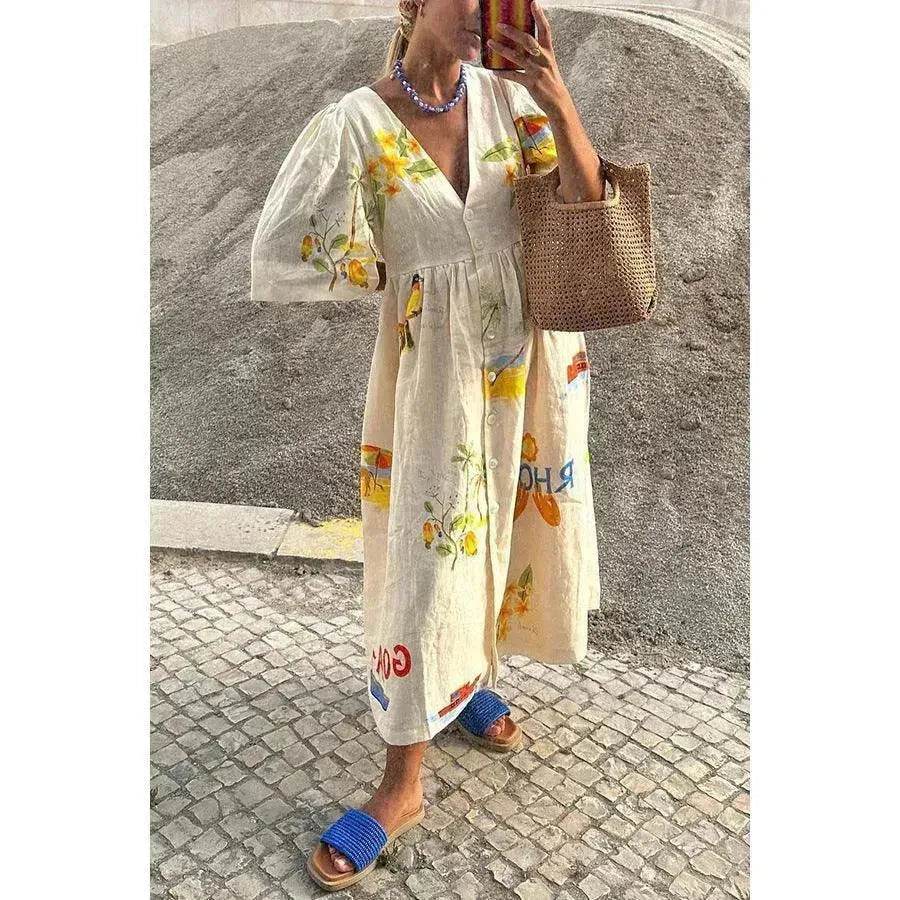 Women's Floral Puff Sleeve Midi Dress – Loose Vacation Dress