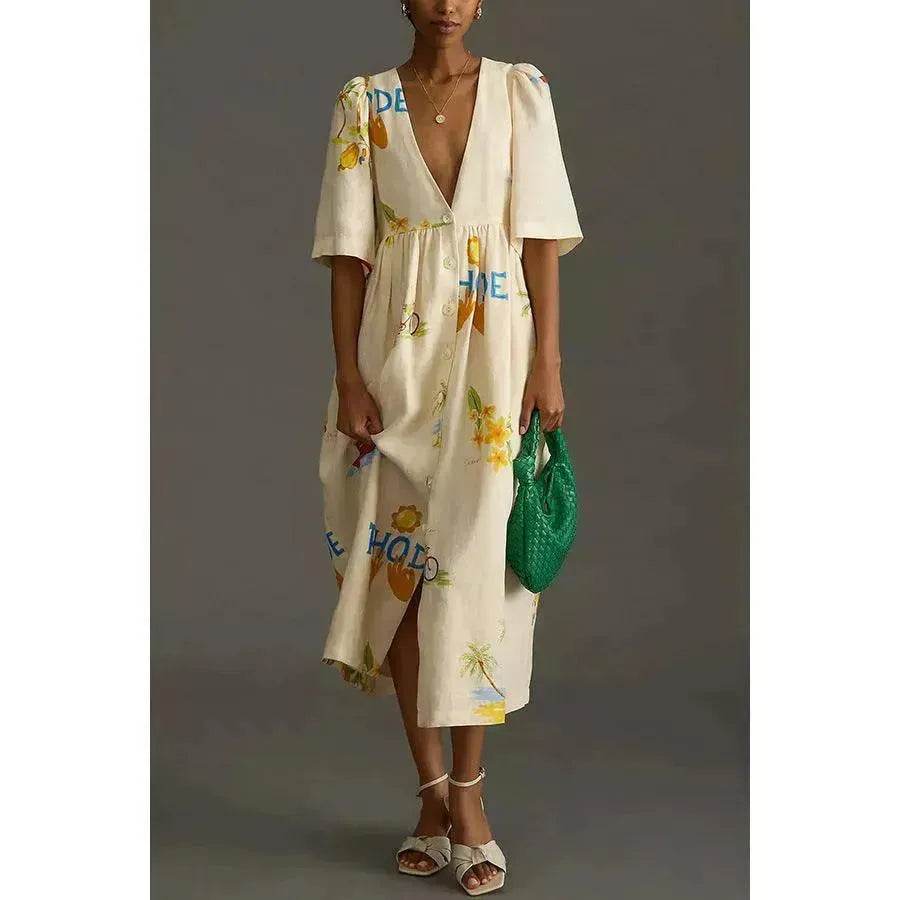 Women's Floral Puff Sleeve Midi Dress – Loose Vacation Dress
