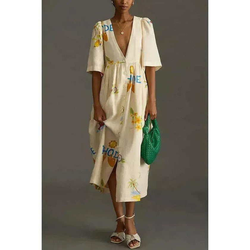 Women's Floral Puff Sleeve Midi Dress – Loose Vacation Dress