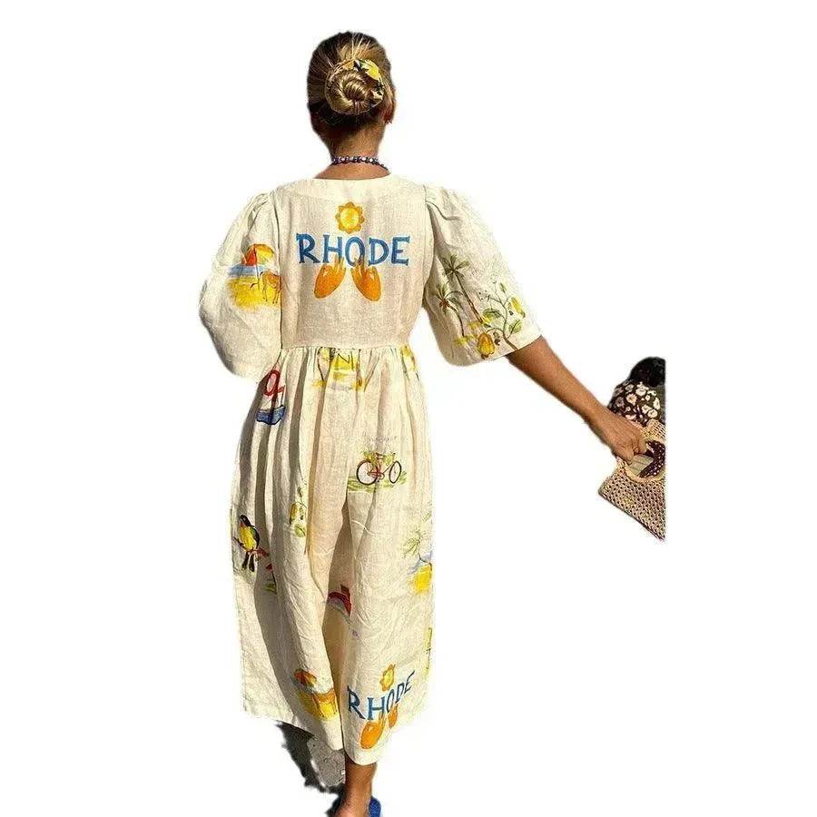 Women's Floral Puff Sleeve Midi Dress – Loose Vacation Dress
