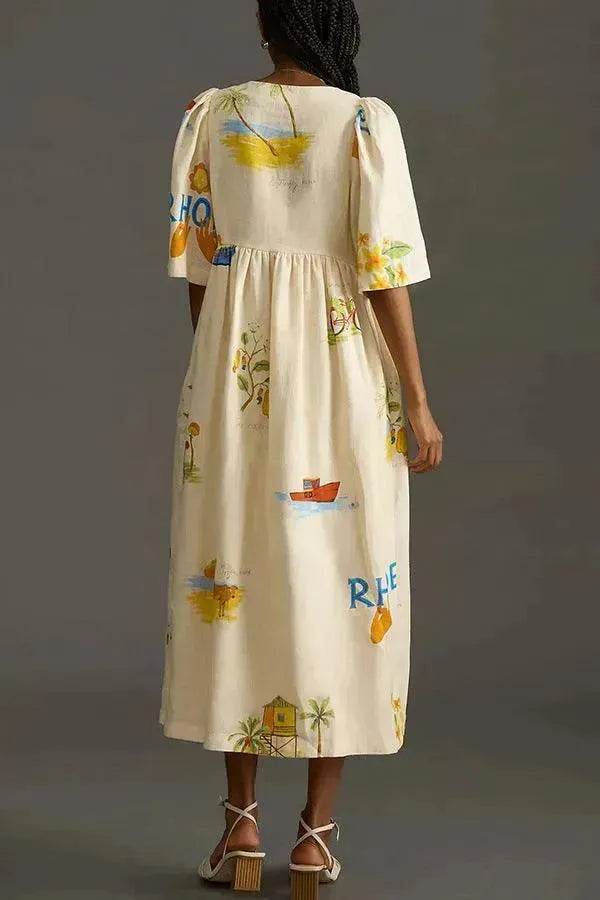 Women's Floral Puff Sleeve Midi Dress – Loose Vacation Dress