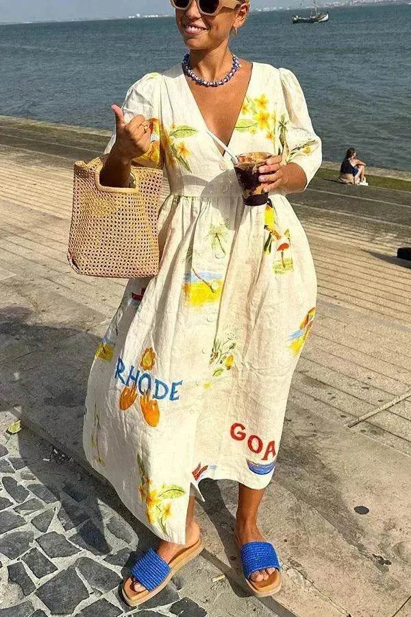 Women's Floral Puff Sleeve Midi Dress – Loose Vacation Dress