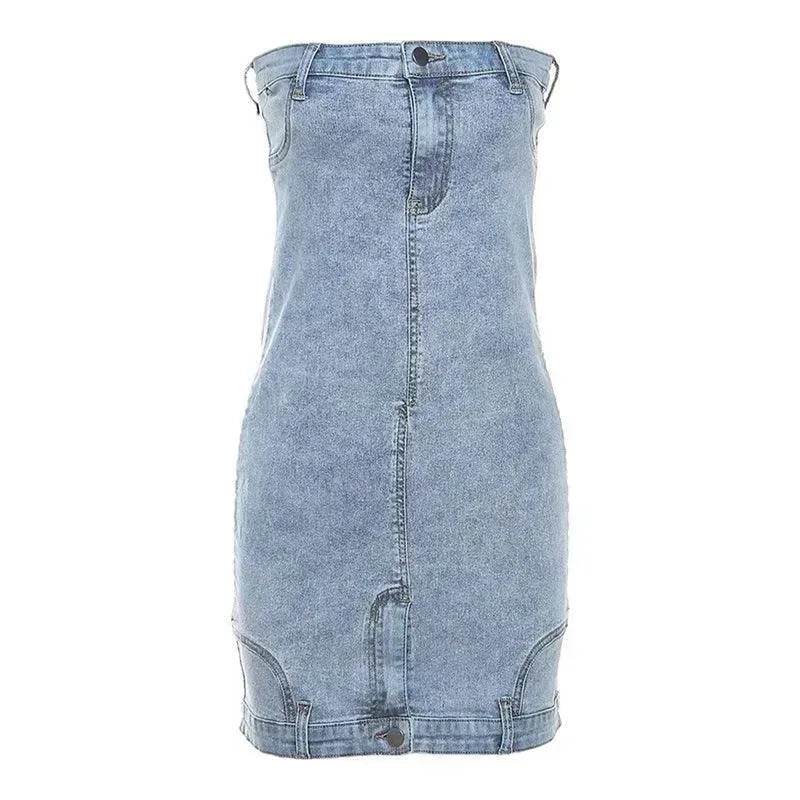 European And American Style Denim Tube Top Cinched Waist Slim And Charming Hip Bag Dress