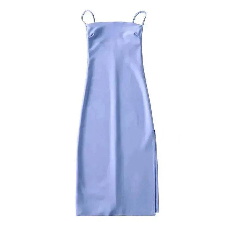 European And American Style Sold Color Sleeveless Midi Suspender Split Dress