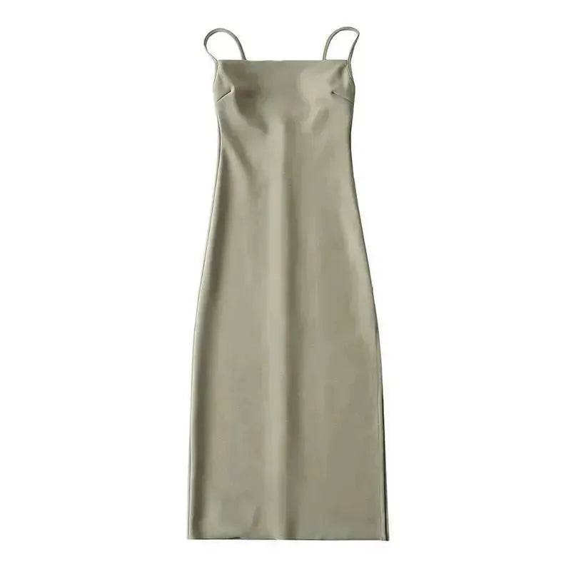 European And American Style Sold Color Sleeveless Midi Suspender Split Dress