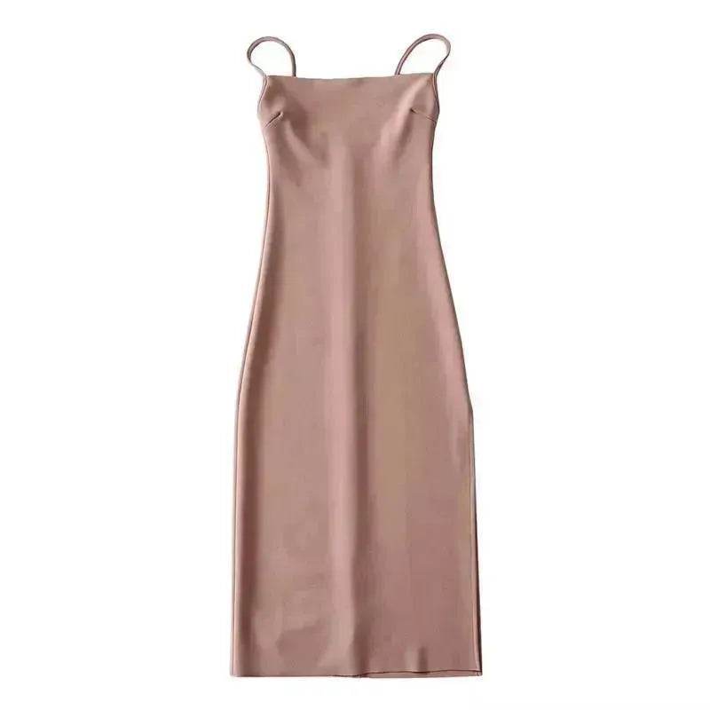 European And American Style Sold Color Sleeveless Midi Suspender Split Dress
