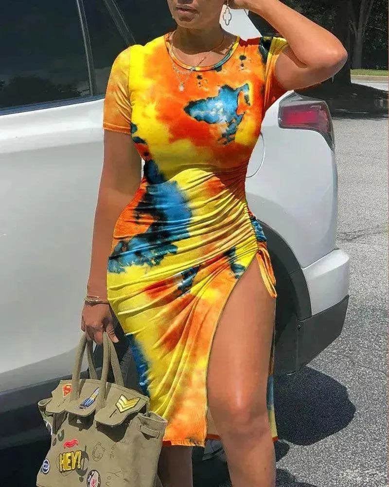 European And American Tie-dyed Printed Sheath Split Lace Elegant Charming Dress For Women