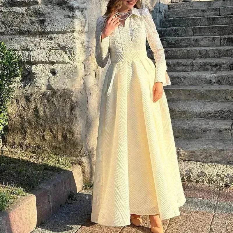 European And American White Front Chest Flower Beads Lace Yarn French Style Retro Long Sleeve Fashion Slim Dress