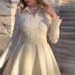 European And American White Front Chest Flower Beads Lace Yarn French Style Retro Long Sleeve Fashion Slim Dress