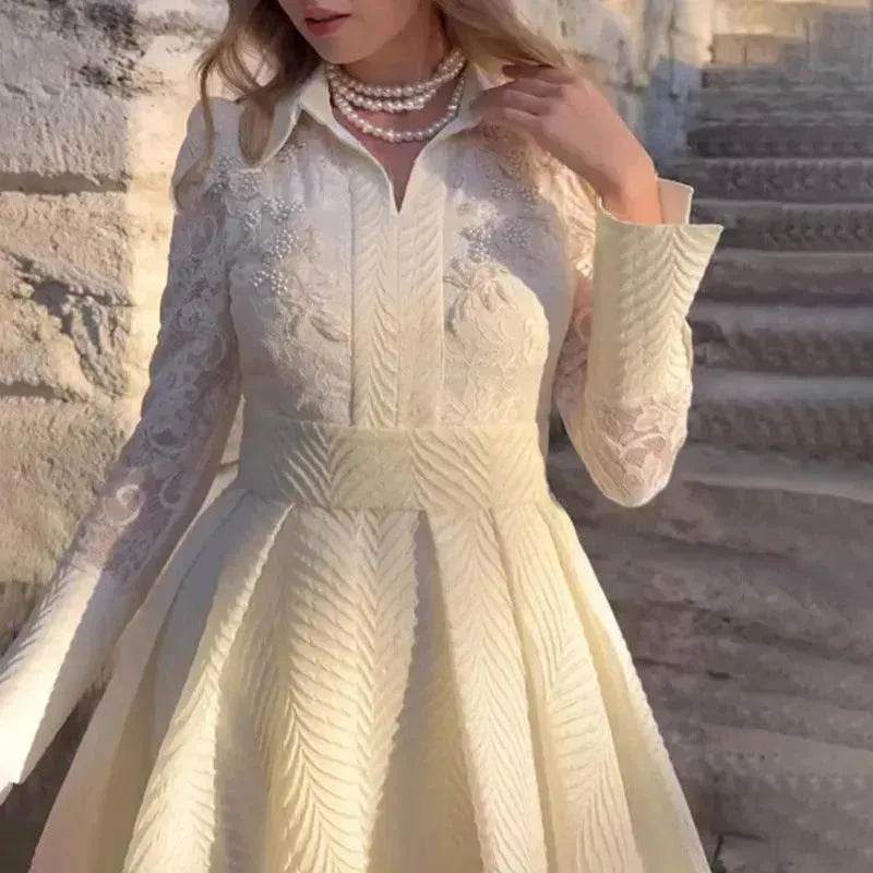 European And American White Front Chest Flower Beads Lace Yarn French Style Retro Long Sleeve Fashion Slim Dress