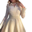 European And American White Front Chest Flower Beads Lace Yarn French Style Retro Long Sleeve Fashion Slim Dress