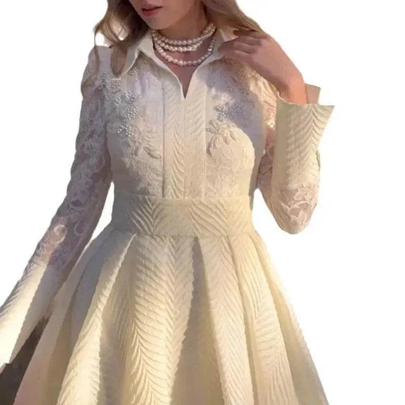 European And American White Front Chest Flower Beads Lace Yarn French Style Retro Long Sleeve Fashion Slim Dress