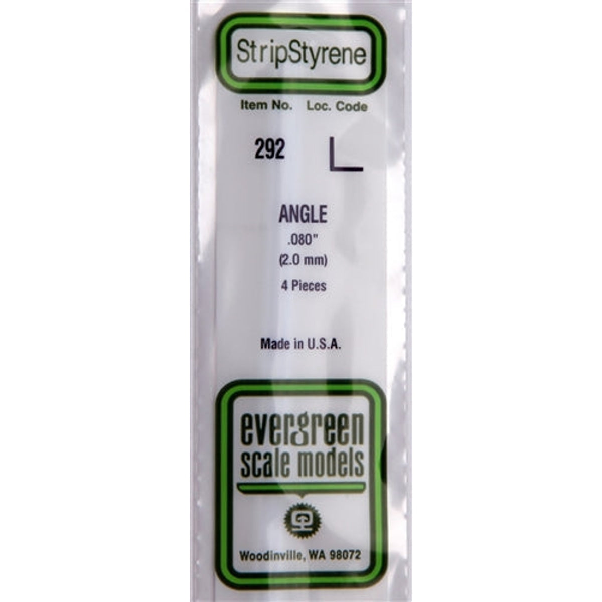 Evergreen Scale Models 292 Styrene Angle .080