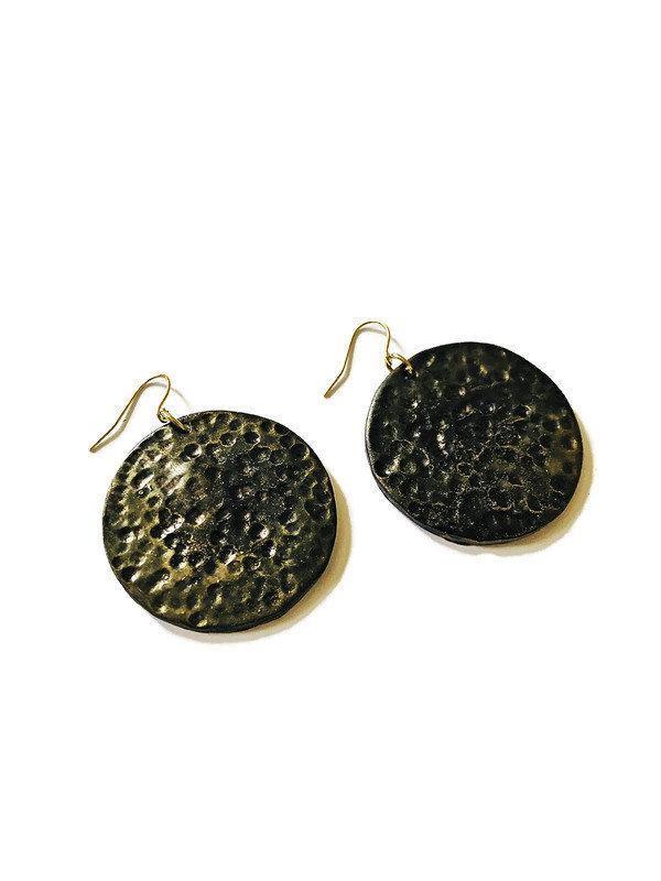 Extra Large Disc Dangle Earrings, Handmade – Hammered Metallic Style