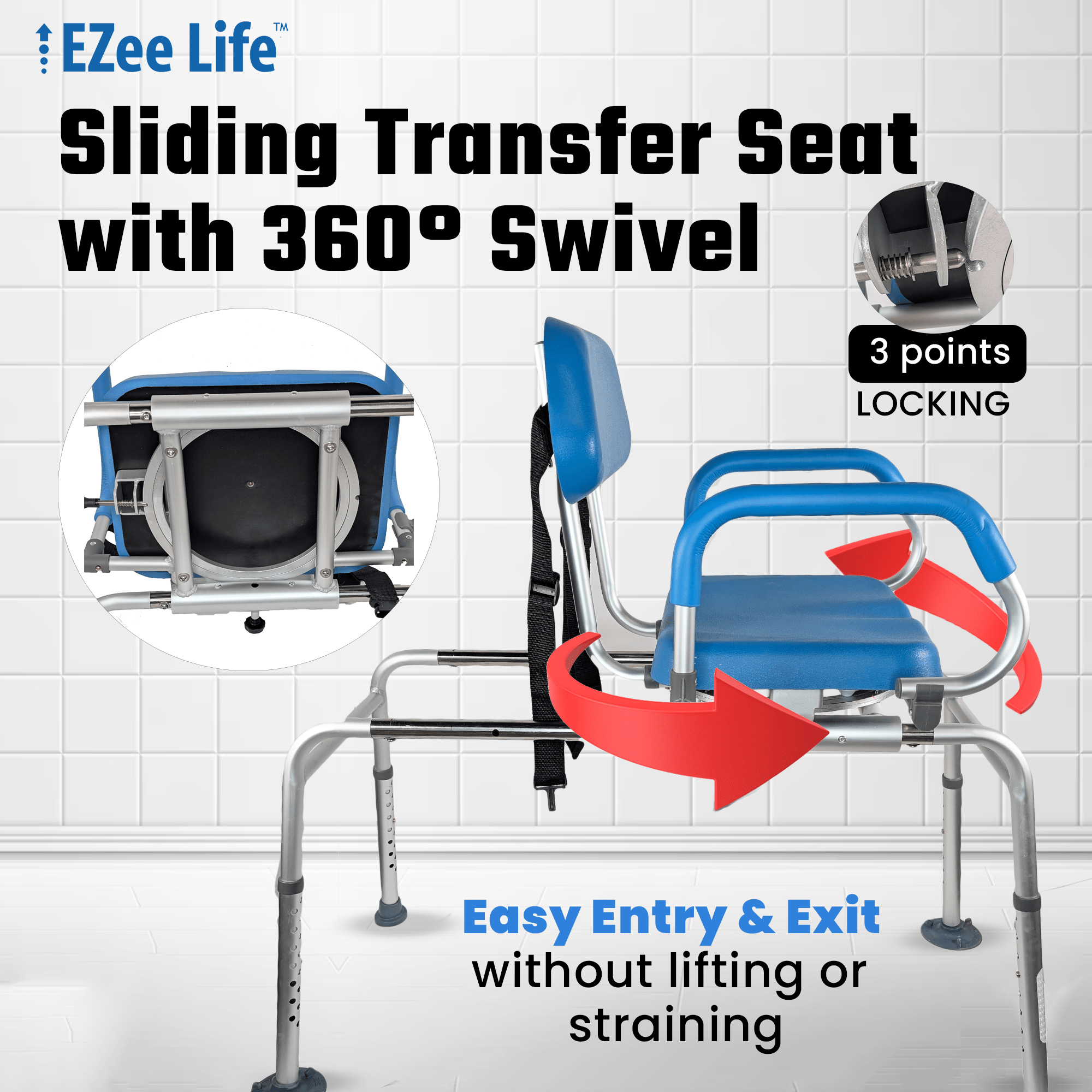 EZee Life CH2076 Sliding Swivel Padded Transfer Bench | 360 Shower Chair Canada