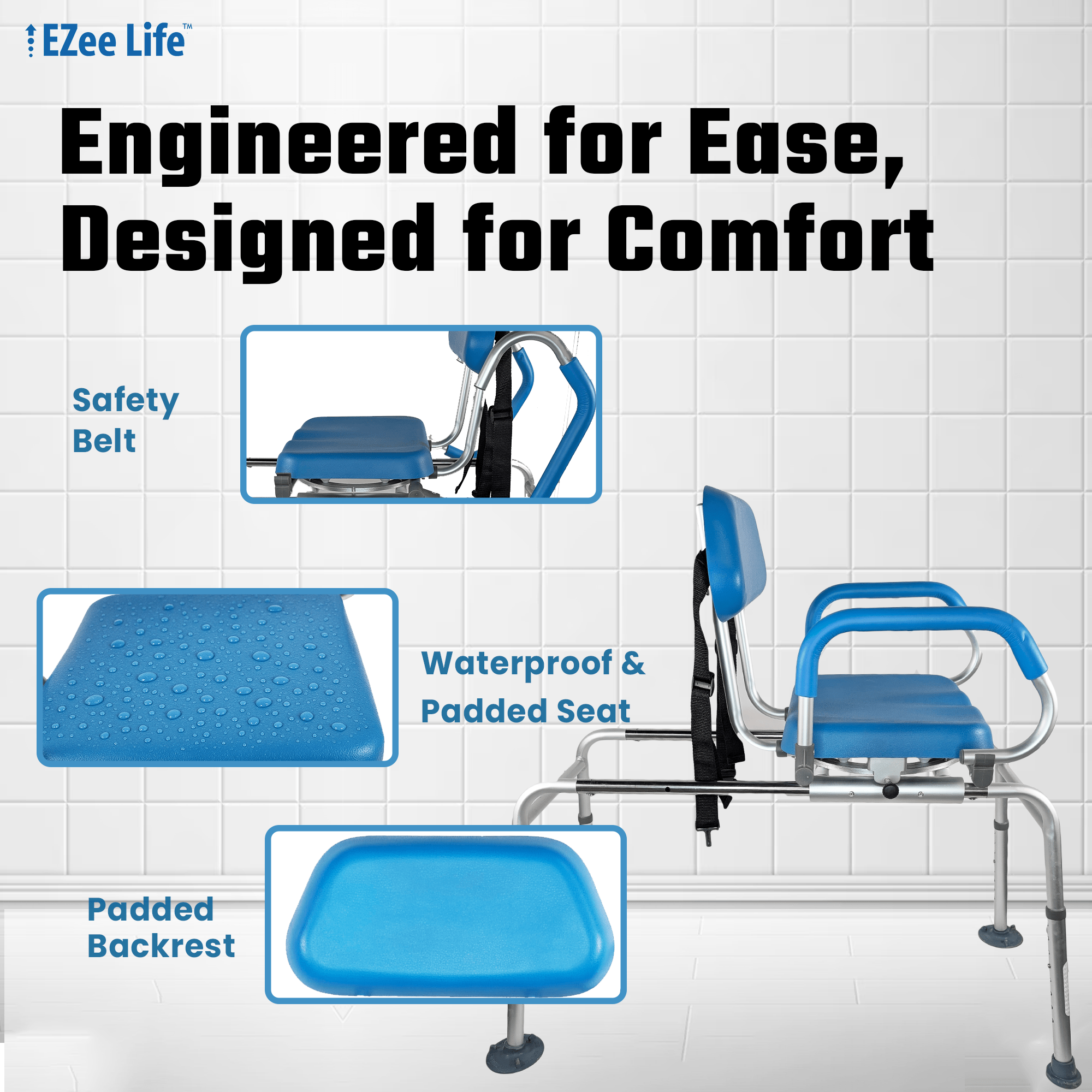 EZee Life CH2076 Sliding Swivel Padded Transfer Bench | 360 Shower Chair Canada