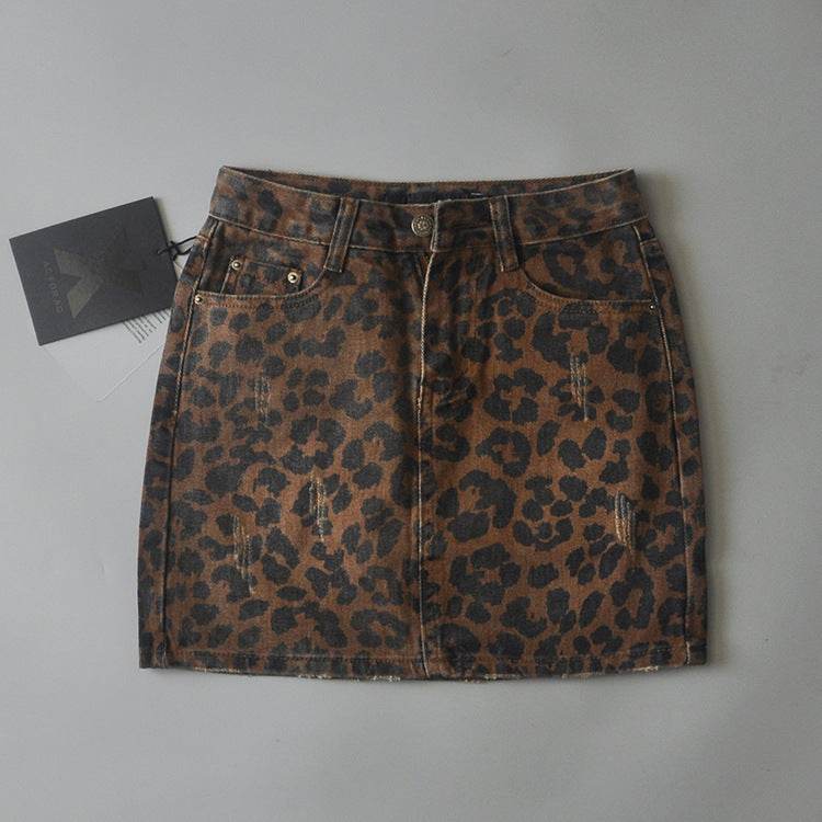 Leopard Print Mini Denim Skirt Women's High Waist Pencil Skirt