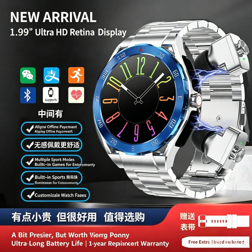 2-in-1 Smart Watch & Bluetooth Earphones – MP3 Player, Heart Rate, Sleep Monitor & Pedometer