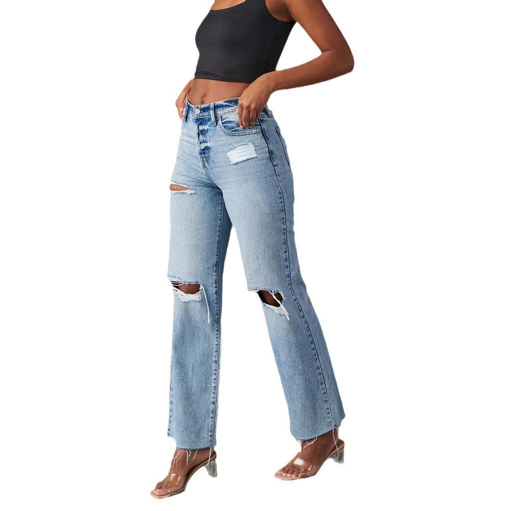 Ripped Raw-Hem High Waist Straight-Leg Jeans for Women – Casual Washed Denim