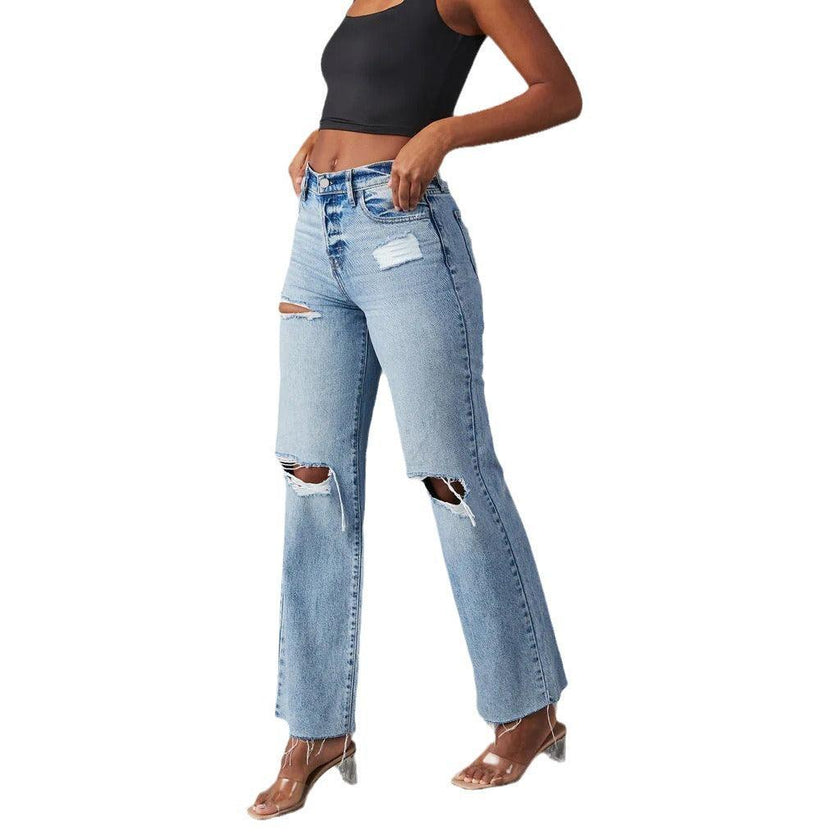 Ripped Raw-Hem High Waist Straight-Leg Jeans for Women – Casual Washed Denim