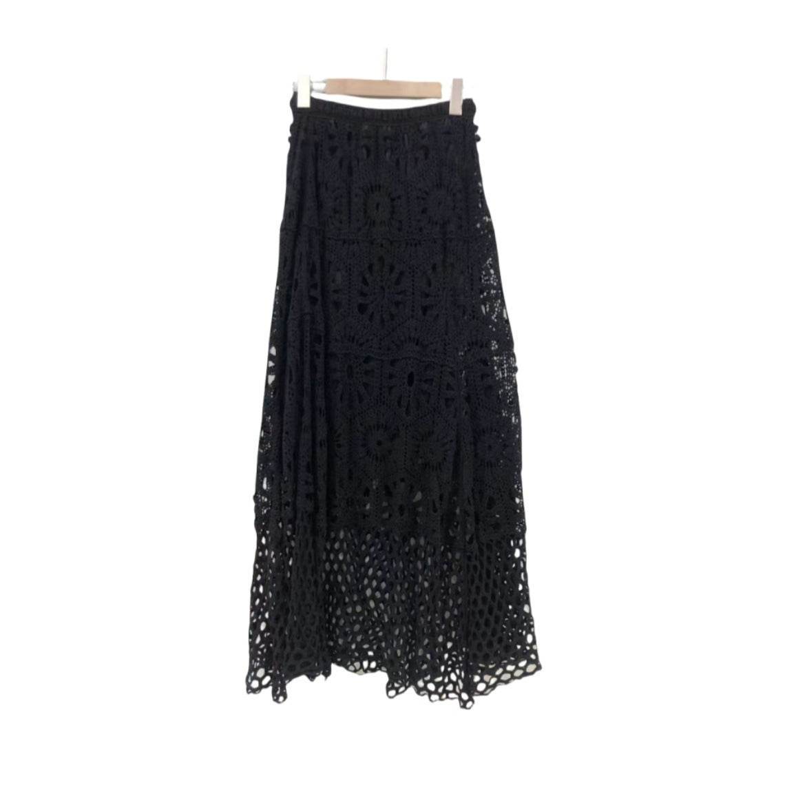 Spring Summer Crochet Lace Patchwork A- Line Beach Skirt Holiday Style Hollow-out flared flowy Maxi Skirt