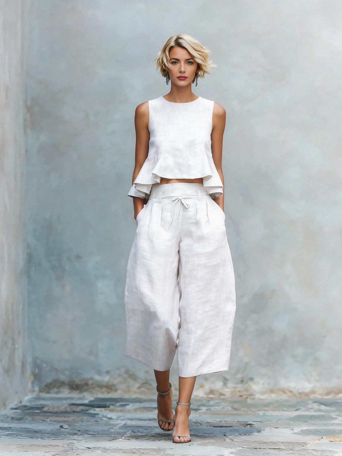 Women's 2 Piece Casual Linen Outfit Ruffle Top & Wide-Leg Pants
