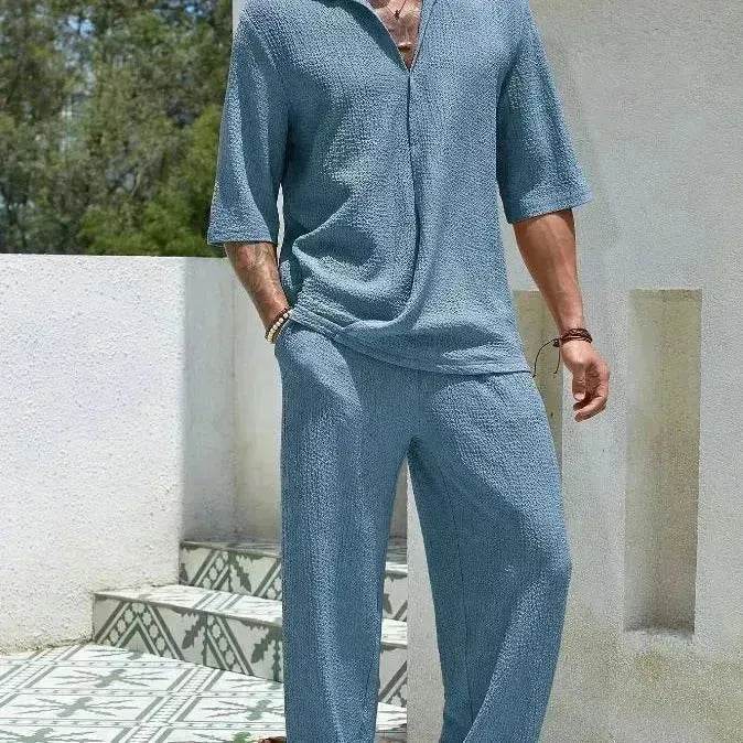 Men's Casual summer 2 piece Pant sets Short sleeved Top and Straight leg pant