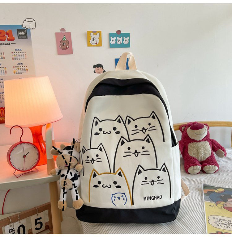 Korean Kawaii Cat School Backpack – Embroidered Nylon Bag, 5 Colours