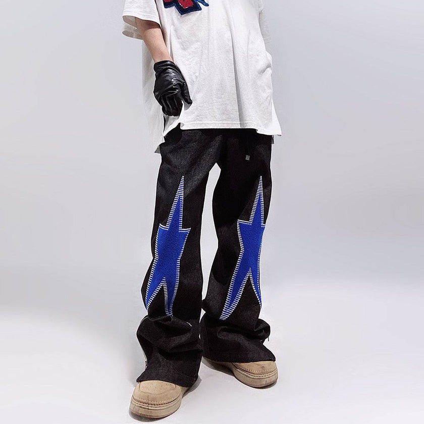 Five-pointed Star Embroidery Denim Horn Loose Straight Casual All-match Mop Jeans Baggy Trousers Men