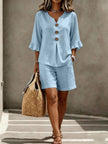 Women's Two-Piece Shorts Suit – V-Neck Ruffle Top & Short Pant Set