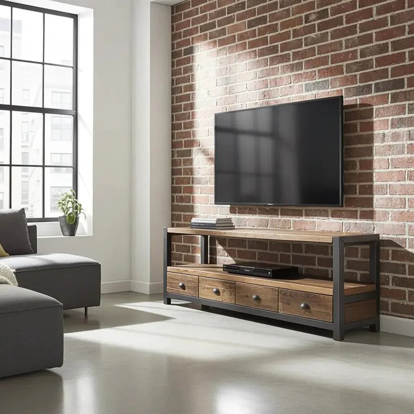 Meuble tv industriel bois Recyclé et acier avec 4 tiroirs